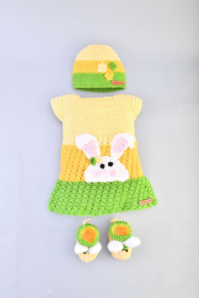 Handmade Rabbit Face Embellished Fit & Flare Dress Set- Yellow & Green - The Original Knit