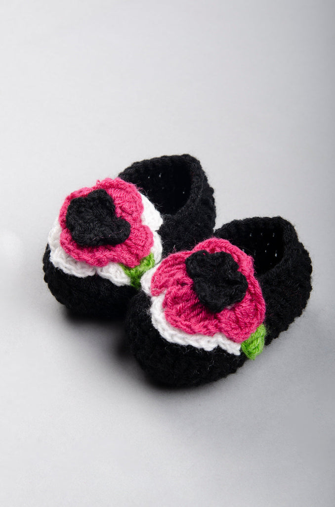 Handmade Rose Embellished Booties- Black & Magenta