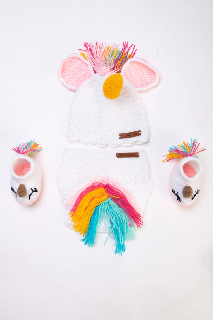 Handmade Crochet Unicorn Diaper Cover, Cap & Booties- White