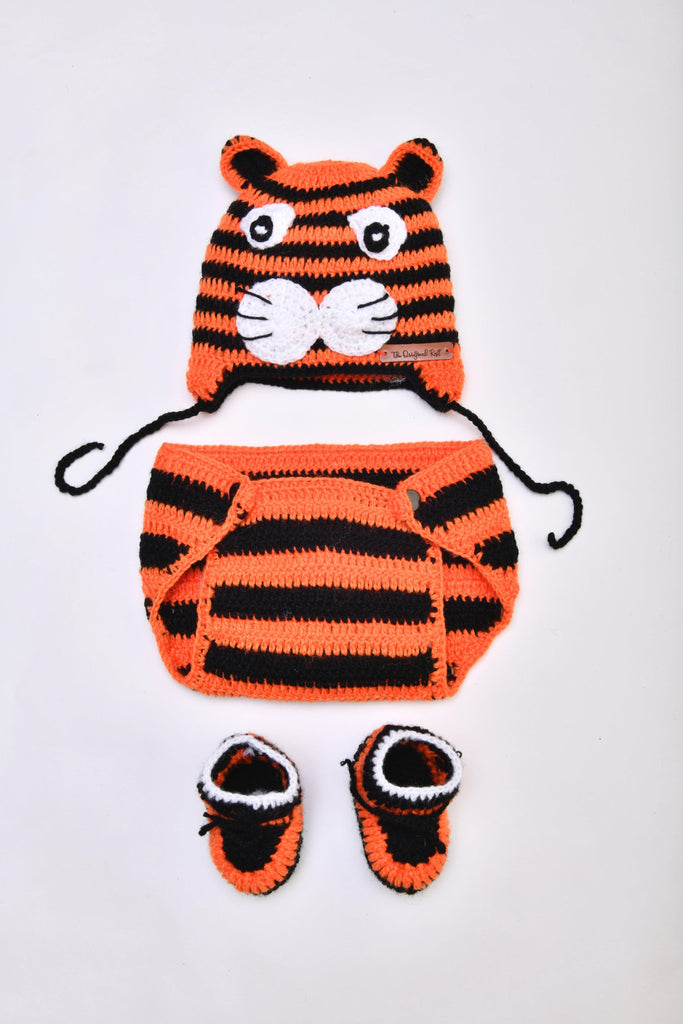 Tiger Design Cap With Booties & Bloomers- Orange - The Original Knit