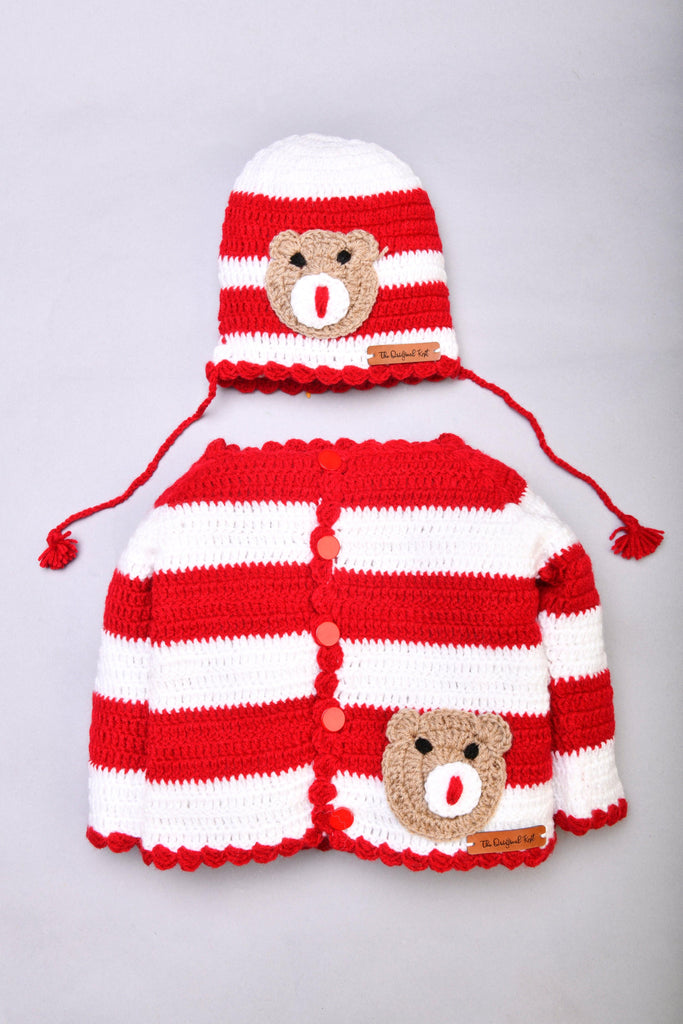Striped Teddy Embellished Sweater Set- Red & White - The Original Knit