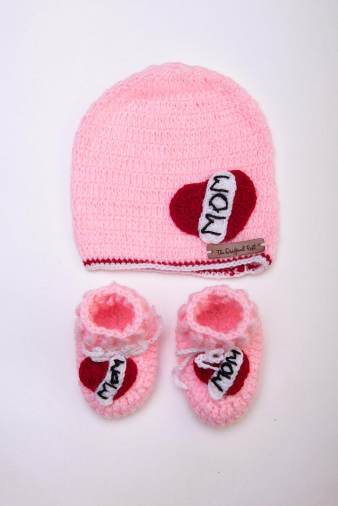 Heart Embellished Crochet Cap & Booties- Baby Pink