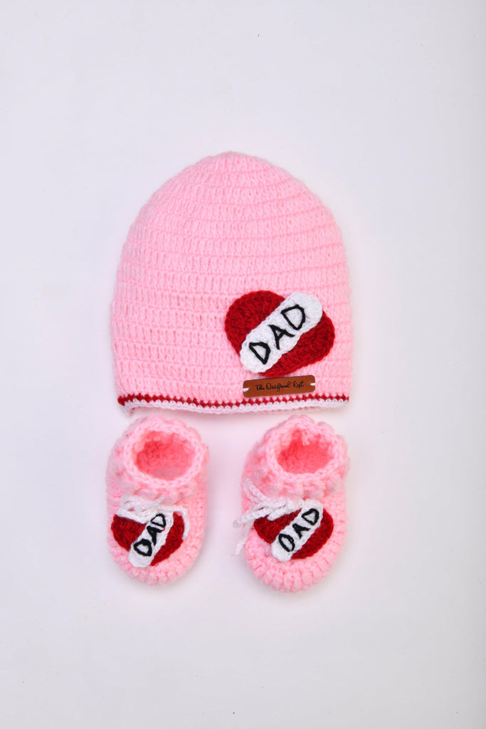 Heart Embellished Crochet Cap & Booties- Baby Pink