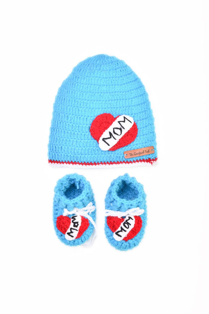 Mom In My Heart Cap with Booties-  Blue - The Original Knit