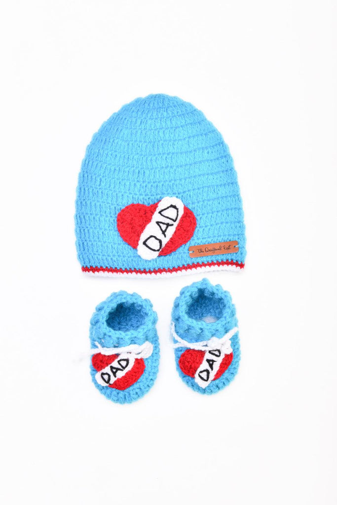 Dad in My Heart Cap With Booties- Blue - The Original Knit