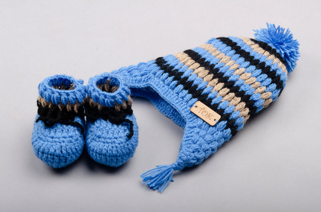 Handmade Pom Pom Cap & Booties- Blue & Black