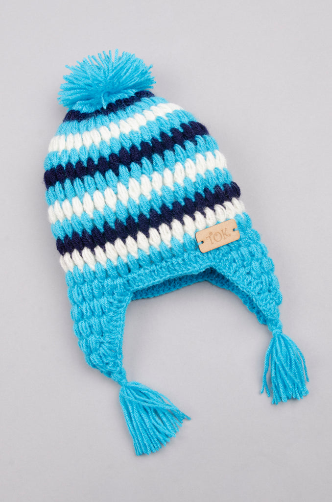 Handmade Pom Pom Handmade Cap With Booties- Blue & White