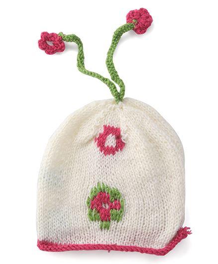 Twin Tail Knitted Flower Cap- Off White & Magenta - The Original Knit