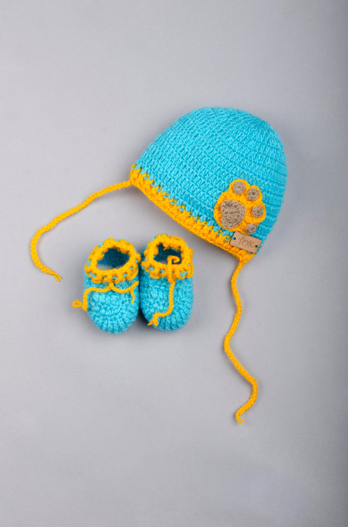 Little Paw Cap with Booties- Blue & Yellow - The Original Knit