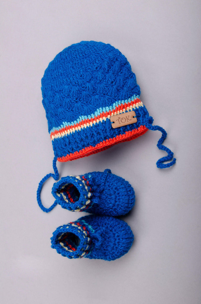 Braided Crochet Cap & Booties- Blue