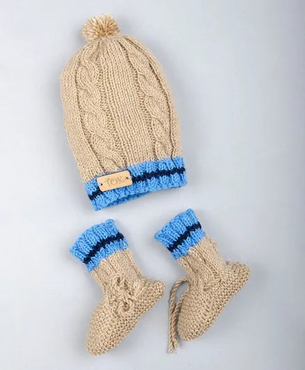 Cable Knitted Cap & Socks- Beige & Blue