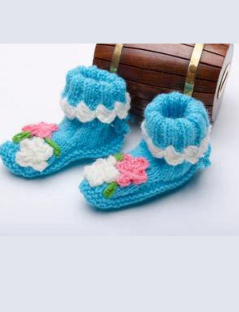 Knitted Tiny Flowers Booties- Blue - The Original Knit