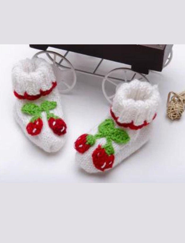 Strawberry Embellished Handmade Booties- White & Red - The Original Knit