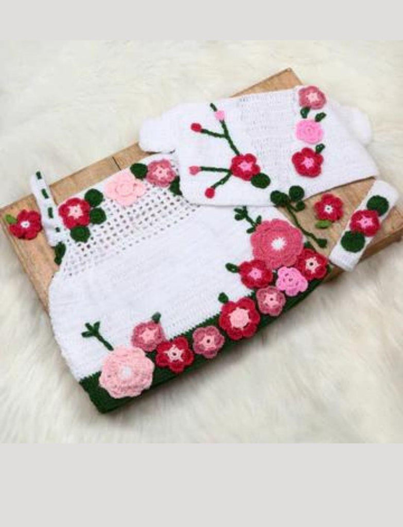 The Original Knit - White Handmade Flower Frock Set - The Original Knit