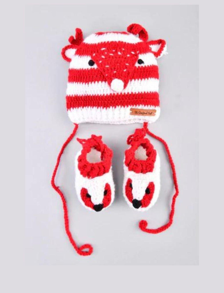 Fox  Crochet Cap & Booties- Red & White - The Original Knit