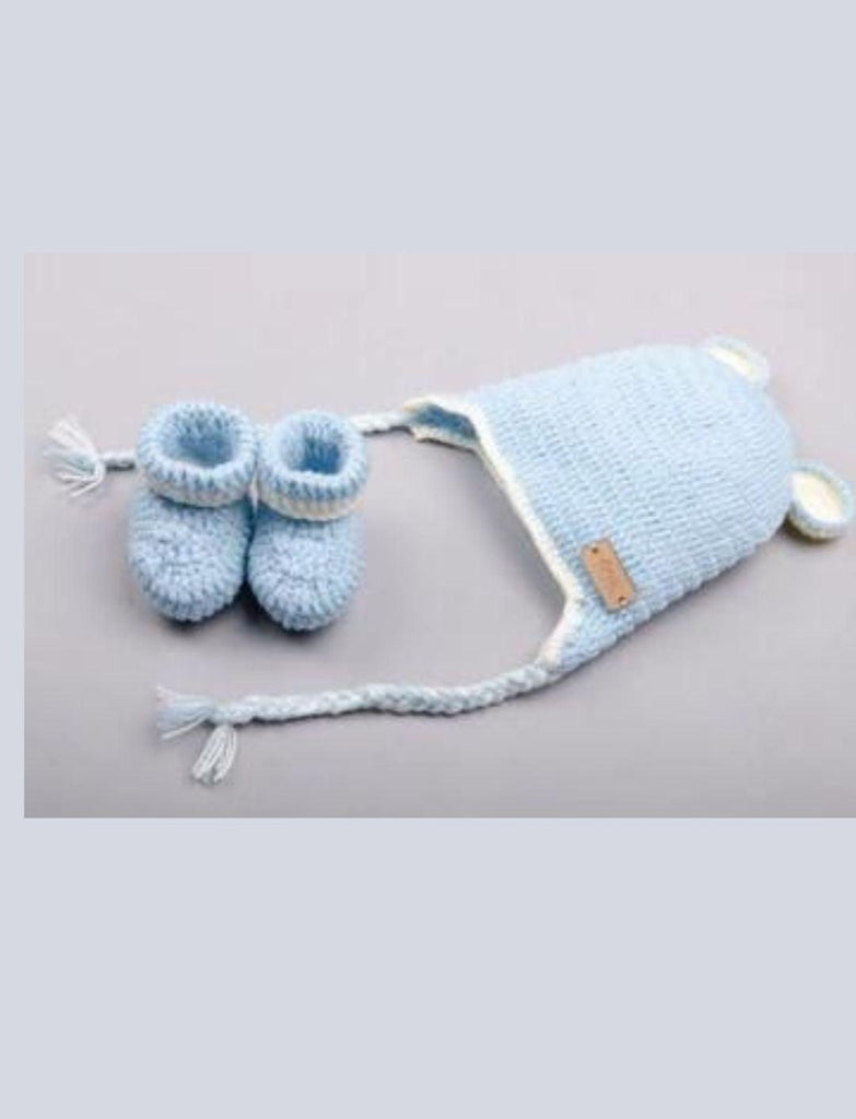 Teddy Ear Cap & Booties- Ice Blue - The Original Knit