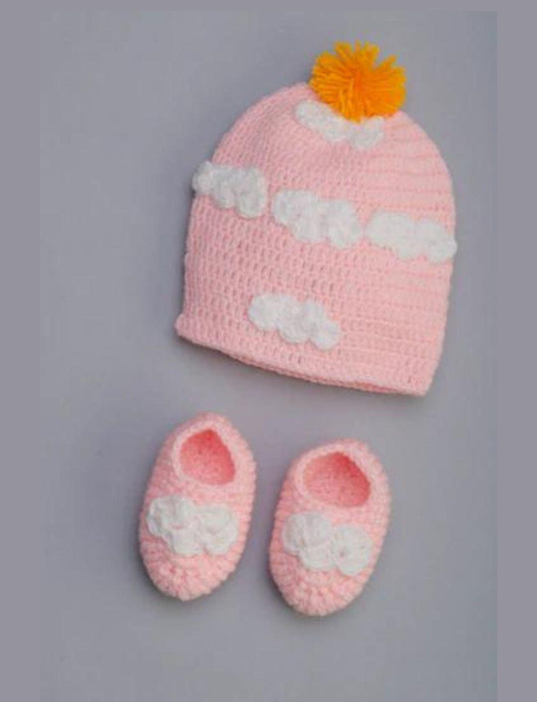 Cloud Embellished Cap & Booties- Pink & White - The Original Knit