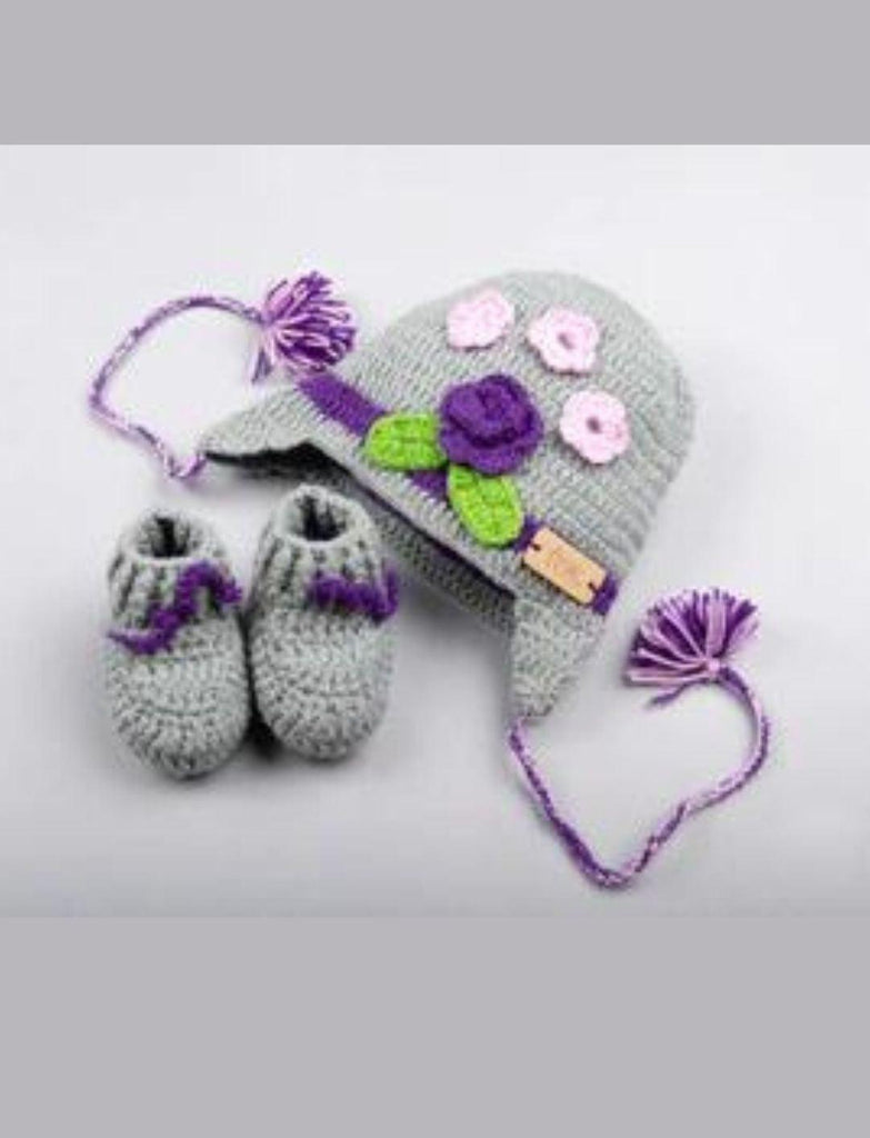 Multi Flower Braided Handmade Cap with Booties- Grey