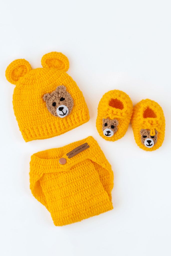 Teddy Diaper Cover, Cap & Booties- Yellow - The Original Knit