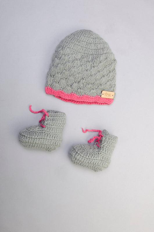 Crochet Cap & Booties- Grey & Pink