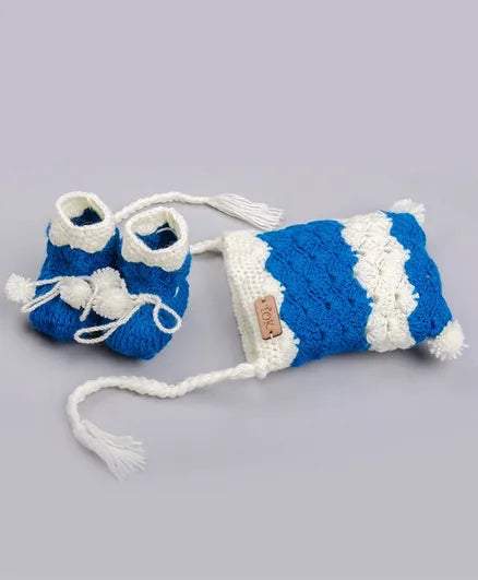 Double Pom Pom Cap & Booties- Blue & Off White - The Original Knit